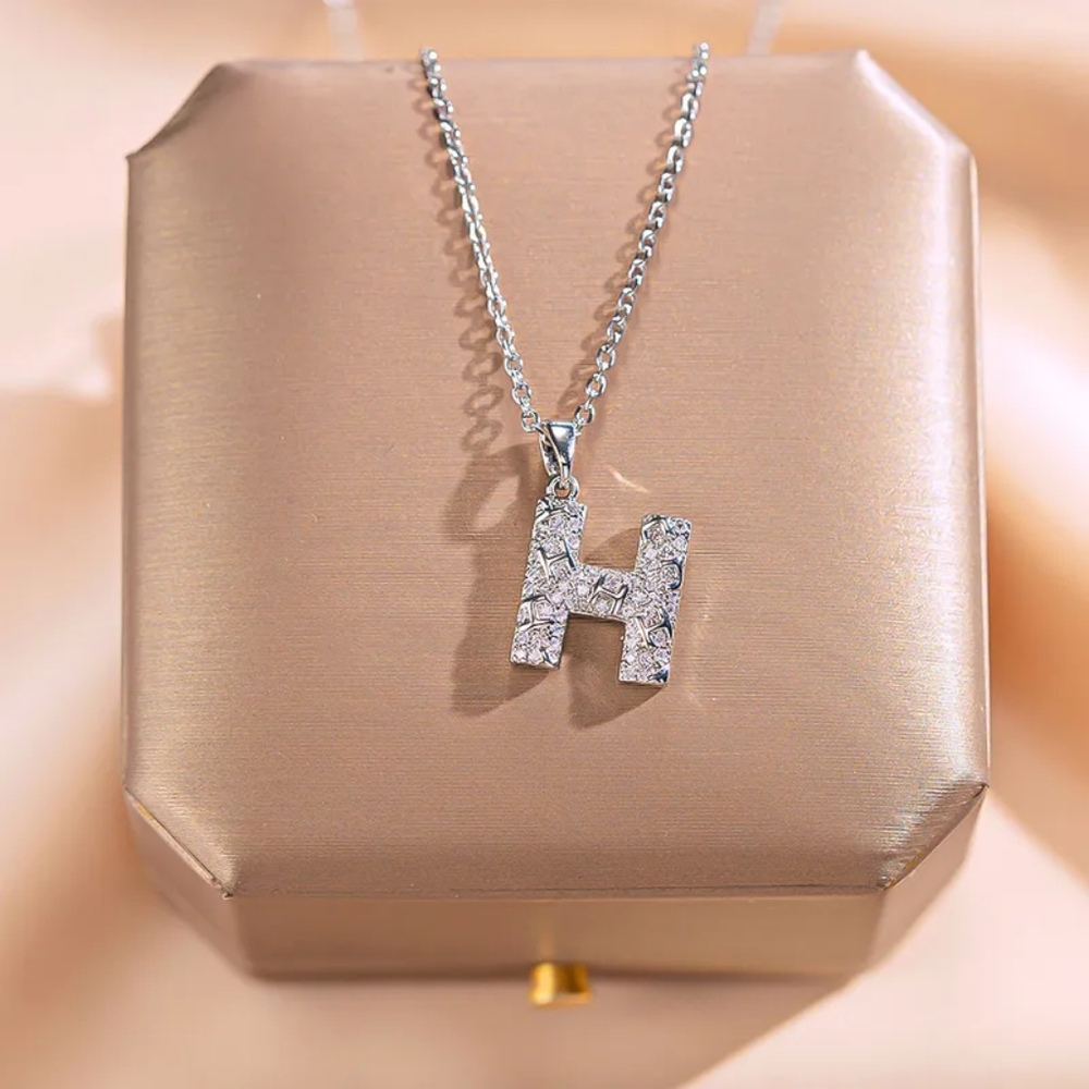Elegant glam Lettet 316 stainless steel copper Zircon Inlay pendant Silver